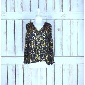 Vintage silk black and gold beaded sequins long sleeve top